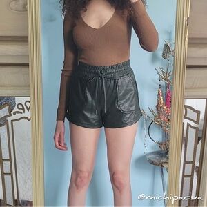 Sincerely Jules Dark Green High Waisted Faux Leather Shorts